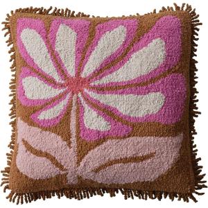 imageCreative CoOp Pink Cotton Punch Hook Pillow with Flower and Fringe Brown Natural Square