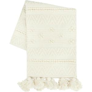 imageCreative CoOp 72quot Woven Cotton Textured Poms ampamp Tassels Table Runner Cream