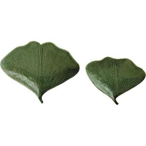 imageCreative CoOp Boho Stoneware Gingko Leaf Shaped Set of 2 Sizes Green Plate