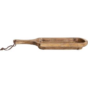 imageCreative CoOp Boho Wood Serving Tray with Handle and Leather Tie Natural