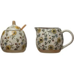 imageCreative CoOp HandPainted Spoon and Lid Stoneware Creamer Set of 3 Sugar Pot 9quot L x 4quot W x 4quot H MulticolorTea Set