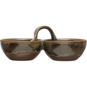 imageCreative CoOp Stoneware Appetizer 2 Sections and Handle Brown Reactive Glaze Dish