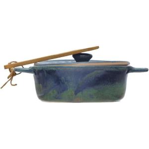 imageCreative CoOp Stoneware Brie Baker with Bamboo SpreaderBlue