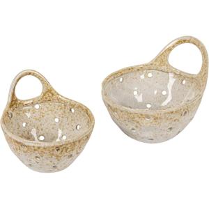 imageCreative CoOp Stoneware Colanders with Handles Set of 2 8quot L x 7quot W x 5quot H Beige