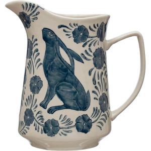 imageCreative CoOp Stoneware Pitcher with Painted Rabbit and Florals Blue and Cream