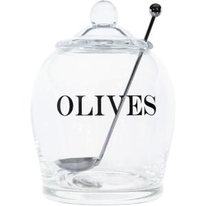 imageCreative CoOp Clear Glass quotOLIVEquot Jar with Lid ampamp Slotted Stainless Steel Spoon Set of 3 Pieces including Lid