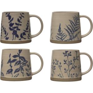 imageCreative CoOp Hand Stamped Stoneware Wax Relief Botanical Design Antique Blue and White Set of 4 Styles Mugs