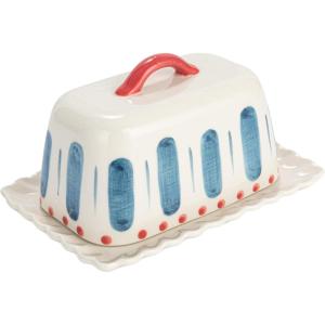 imageCreative CoOp HandPainted Stoneware Butter Dish with Scalloped Edge White Red and Blue Medium Multi