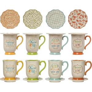 imageCreative CoOp HandPainted Stoneware Saucer with Saying Set of 4 Mug Set 5quot L x 4quot W x 5quot H Multicolor