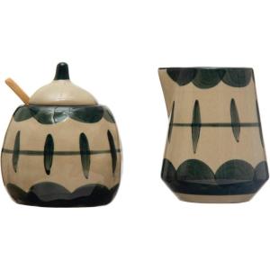 imageCreative CoOp Stoneware Creamer and Sugar Pot with Painted Designs and Bamboo Spoon Midnight Blue and Cream Set of 3 Pieces