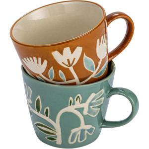 imageCreative CoOp Stoneware Mug with Botanical Design Orange and Green Set of 2