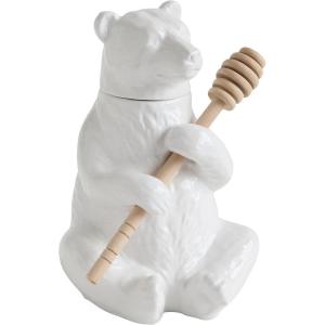 imageCreative CoOp White Bear Shaped Honey Pot with Lid ampamp Bamboo DipperBear