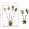 imageCreative CoOp 5quot H Stainless Steel Serving Picks wEnameled Christmas Icons in House Shaped Holder Multi Color Set of 5 