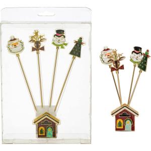 imageCreative CoOp 5quot H Stainless Steel Serving Picks wEnameled Christmas Icons in House Shaped Holder Multi Color Set of 5 