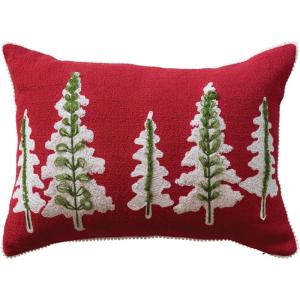 imageCreative CoOp Cotton Slub Lumbar Pillow with Embroidered Trees Pom Trim Red Green Natural