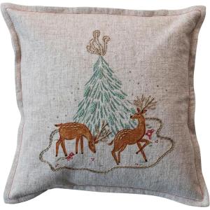 imageCreative CoOp Multicolor Square Linen Blend Printed Pillow with Tree Deer Embroidery and Beads