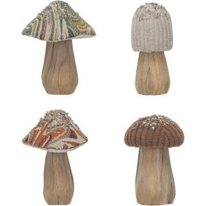 imageCreative CoOp Fabric Topped Foam Mushrooms with Wood Base Sequins and Glitter Multicolor Set of 4