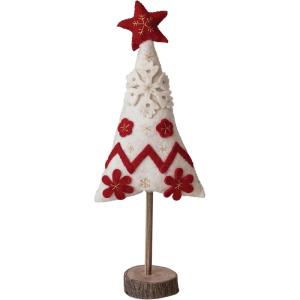 imageCreative CoOp Handmade Wool Felt Christmas Tree with Applique Embroidery and Wood Slice Base Red and White