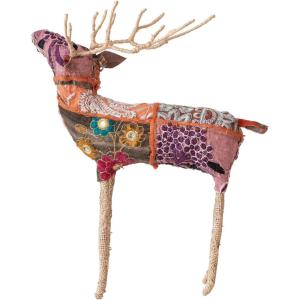 imageCreative CoOp Large Embroidered Sari Fabric Jute and Wire Reindeer Decor Multicolor