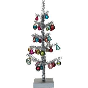 imageCreative CoOp Tinsel Tree with Glass Ornaments and Wood Base Silver