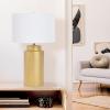 imageIndigo ampamp White Ceramic Table lamp with Linen ShadeGold