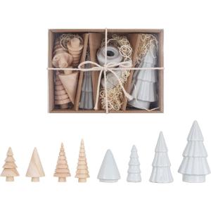 imageCreative CoOp Boxed Stoneware and Wood Christmas Trees White and Natural Set of 9