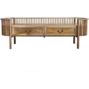 imageCreative CoOp Mango Wood Slatted Bench with 2 Drawers and Metal Pulls Natural and Brass