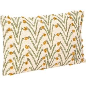imageCreative CoOp Woven Cotton Blend Printed Lumbar Pillow with Floral Pattern and French Knots Natural Green and Mustard