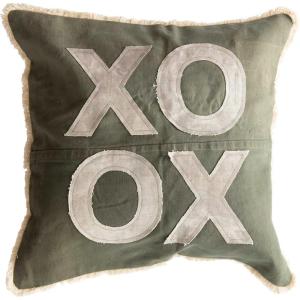 imageCreative CoOp Recycled Cotton Canvas Pillow with Applique quotXOquot ampamp Eyelash Fringe Green ampamp Natural Color