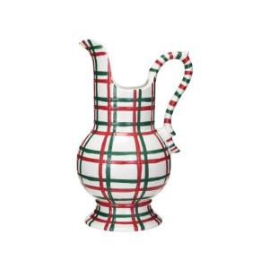 imageCreative CoOp 2 Quart Plaid HandPainted Stoneware Pitcher Red Green and White