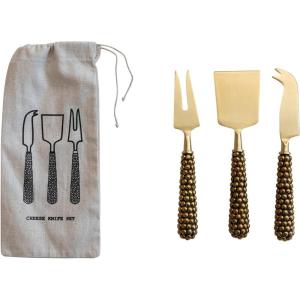 imageCreative CoOp Beaded Handle Stainless Steel Cheese Knives Cream and Brown Set of 3