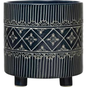 imageCreative CoOp Debossed Stoneware Footed Planter with Pattern Blue ampamp White Holds 9quot Pot