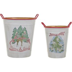 imageCreative CoOp Decorative Metal Buckets with Trees Holiday Saying Red Rim and Handles Multicolor Set of 2