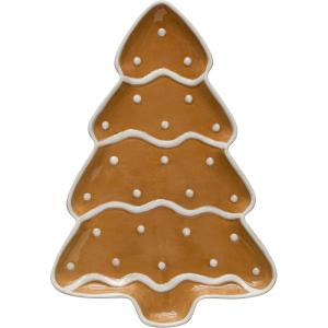 imageCreative CoOp HandPainted Ceramic Gingerbread Tree Shaped Platter Brown and White Serveware