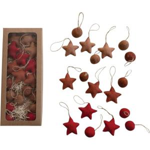 imageCreative CoOp Handmade Wool Felt Ball and Star Ornaments in Kraft Box Red and Brown Set of 18