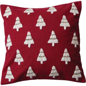 imageCreative CoOp Red and White Square Cotton Slub Pillow with Embroidered Christmas Trees and Beads