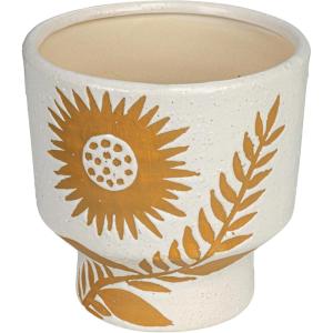 imageCreative CoOp Stoneware Footed Planter with Flower Reactive Glaze White and Mustard