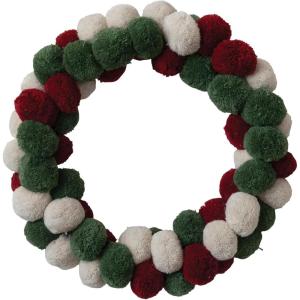 imageCreative CoOp 18 Round Wool Pom Pom Wreath Red Green ampamp Cream Color