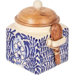 imageCreative CoOp Blue Stoneware Canister with Design Lid and Spoon Cream Natural 55quot H
