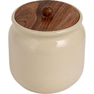 imageCreative CoOp Ivory Stoneware Canister with Acacia Wood Lid Color and Natural 65quot round