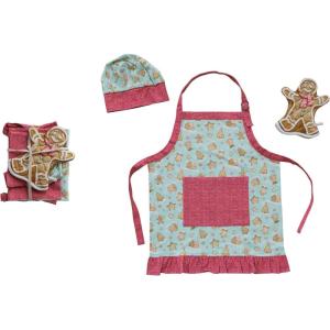 imageCreative CoOp 24quot L x 20quot W Cotton Child Apron wGingerbread Man Pattern Pocket Ruffle Chef Hat ampamp Hot Mitt Multi Color Set of 3 