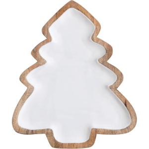 imageCreative CoOp Enameled Mango Wood Christmas Tree Shaped Tray White and Natural