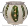 image1125 Inches Round HandPainted Stoneware Planter with Design and Reactive Glaze Green and Cream
