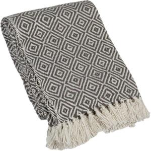 imageCreative CoOp HandWoven Reclaimed Fabric Throw with Pattern and Fringe Charcoal and Cream