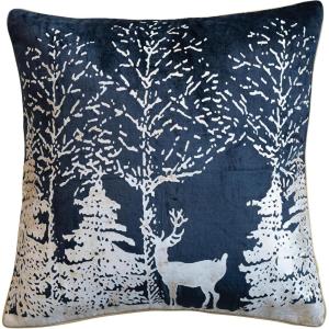 imageCreative CoOp Square Cotton Velvet Printed Foil Pillow with Winter Scene and Piping Color Navy Blue White