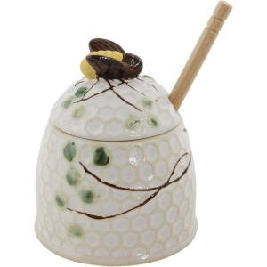 imageCreative CoOp Stoneware Honey Jar with Lid ampamp Wood Honey Dipper
