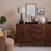 imageCreative CoOp Mango Wood Pleated Table Lamp with Linen Shade Black and Natural