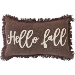 imageCreative CoOp 20 L x 12 H Stonewashed Cotton Tufted Lumbar Pillow wFringe Hello Fall Brown ampamp Cream Color