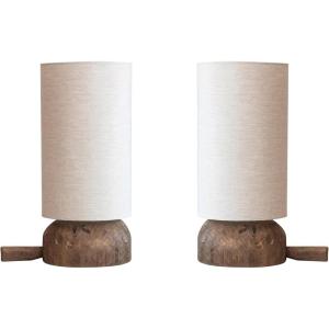 imageCreative CoOp Reclaimed Wood Table Lamp with Printed Cotton Chambray Shade Swivel Neck and Inline Switch Natural