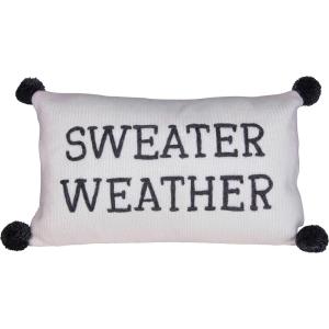 imageCreative CoOp Rectangle Sweater Weather Embroidered Cotton Knit Lumbar Poms Pillows Grey ampamp Cream